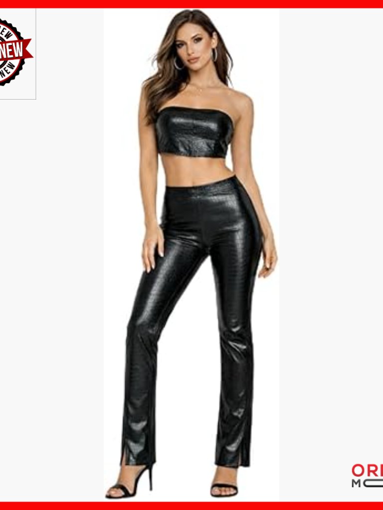 Strapless Faux Leather Crop Top And High-Waist Pants Set, Bodycon Evening Wear